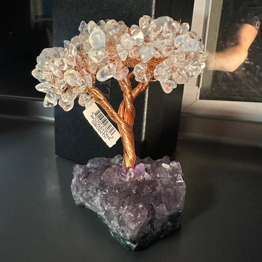 Kalifano, designer, Opalite Moonstone Tree of Life, Copper, Amethyst Base Bonzai